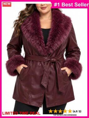 Plus Size Faux Leather Jacket Faux Fur Collar Belted Mid-Length Winter Coat